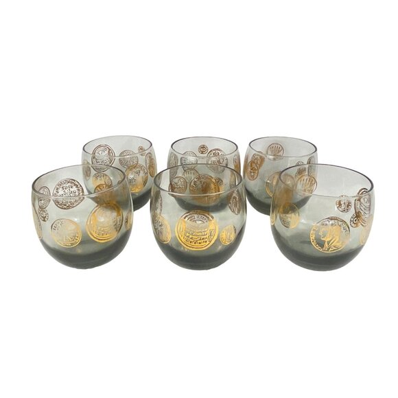 Vintage Mid-Century Lowball Glasses Set of 6 Coin Design 22K Gold Accents Smoky - Picture 8 of 10